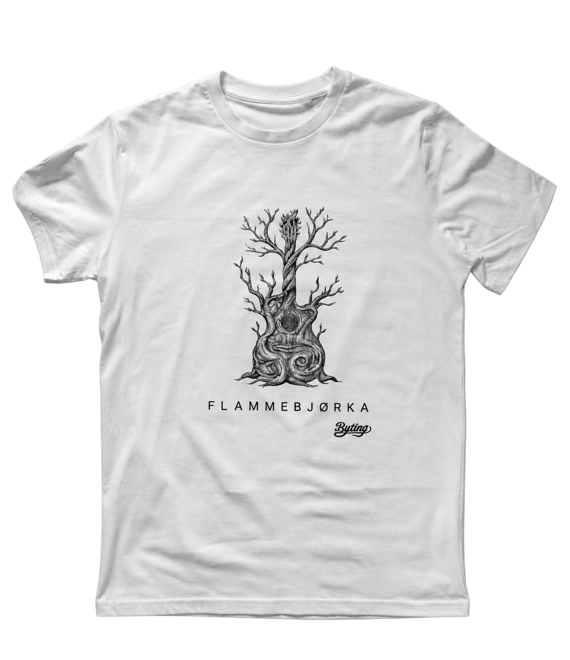 Hvit T-skjorte med Flammebjørka-motiv